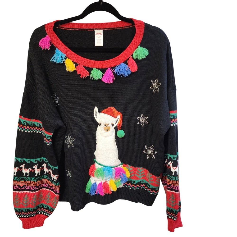Holiday Time Christmas Llama Tassel Sweater Black XXL Ugly Christmas Sweater